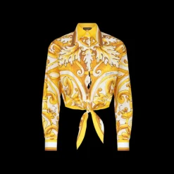 Chemise courte DOLCE & GABBANA à nouer popeline coton blanc imprimé majolique jaune