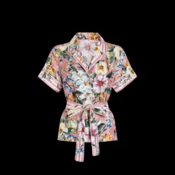 Chemise DOLCE & GABBANA soie twill rose pastel imprimé fleurs ceinture à nouer