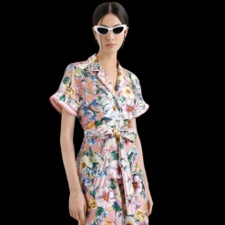 Chemise DOLCE & GABBANA soie twill rose pastel imprimé fleurs ceinture à nouer
