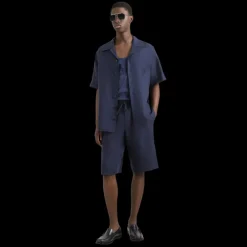 Chemise DOLCE & GABBANA manche courte lin bleu marine broderie logo DG poche