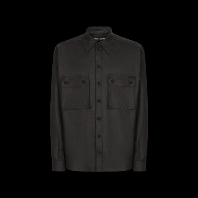 Chemise DOLCE GABBANA manche longue laine vierge flanelle gris anthracite