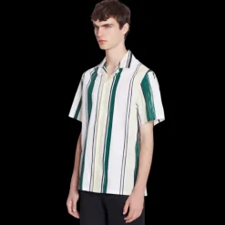 Chemise LANVIN bowling coton blanc rayures vert jaune