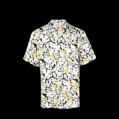 Chemise LANVIN manches courtes soie noire imprimé floral blanc jaune