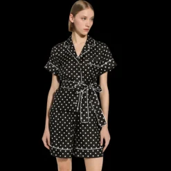 Chemise manche courte DOLCE GABBANA pyjama soie noir pois blanc ceinture