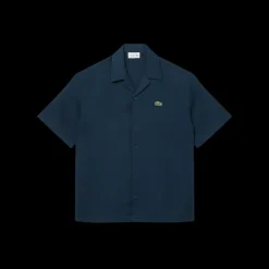 Chemise manche courte LACOSTE coton gaufré bleu marine broderie crocodile