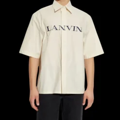Chemise manche courte LANVIN coton beige clair logo XL