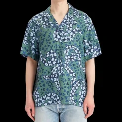 Chemise manche courte LANVIN soie vert bleu fleurs bleu ciel