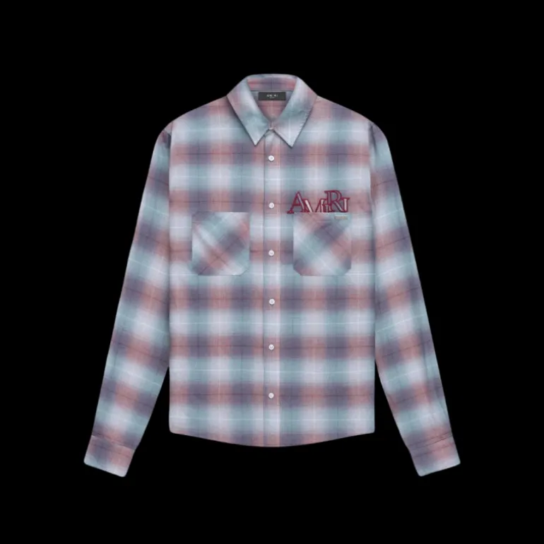 Chemise manche longue AMIRI flanelle carreaux bleu rouge logo écriture poitrine dos