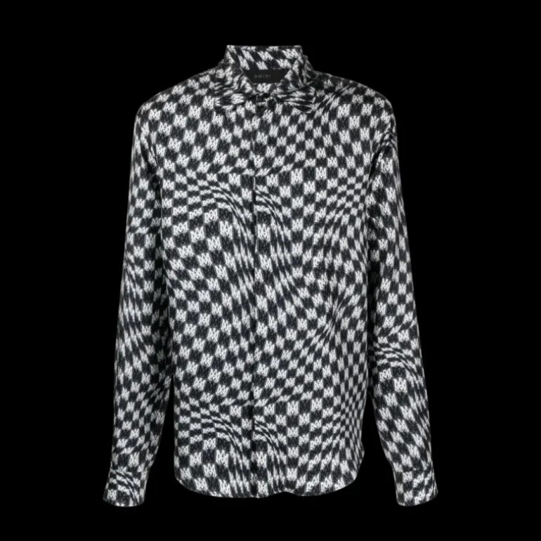 Chemise manche longue AMIRI soie pied de poule multi logo noir blanc