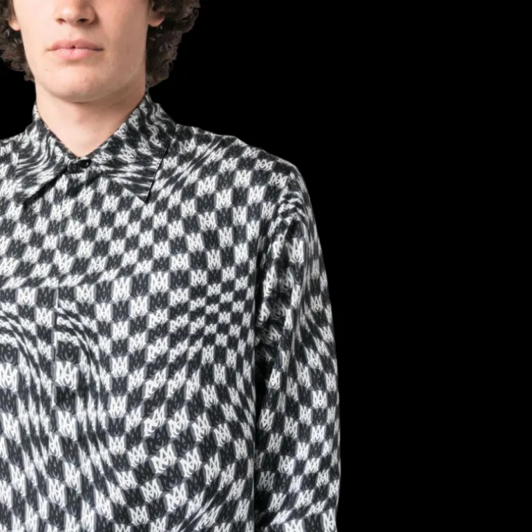 Chemise manche longue AMIRI soie pied de poule multi logo noir blanc
