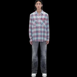 Chemise manche longue AMIRI flanelle carreaux bleu rouge logo écriture poitrine dos