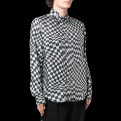 Chemise manche longue AMIRI soie pied de poule multi logo noir blanc