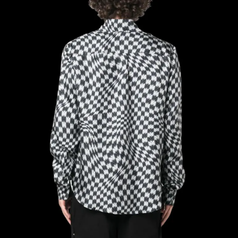 Chemise manche longue AMIRI soie pied de poule multi logo noir blanc
