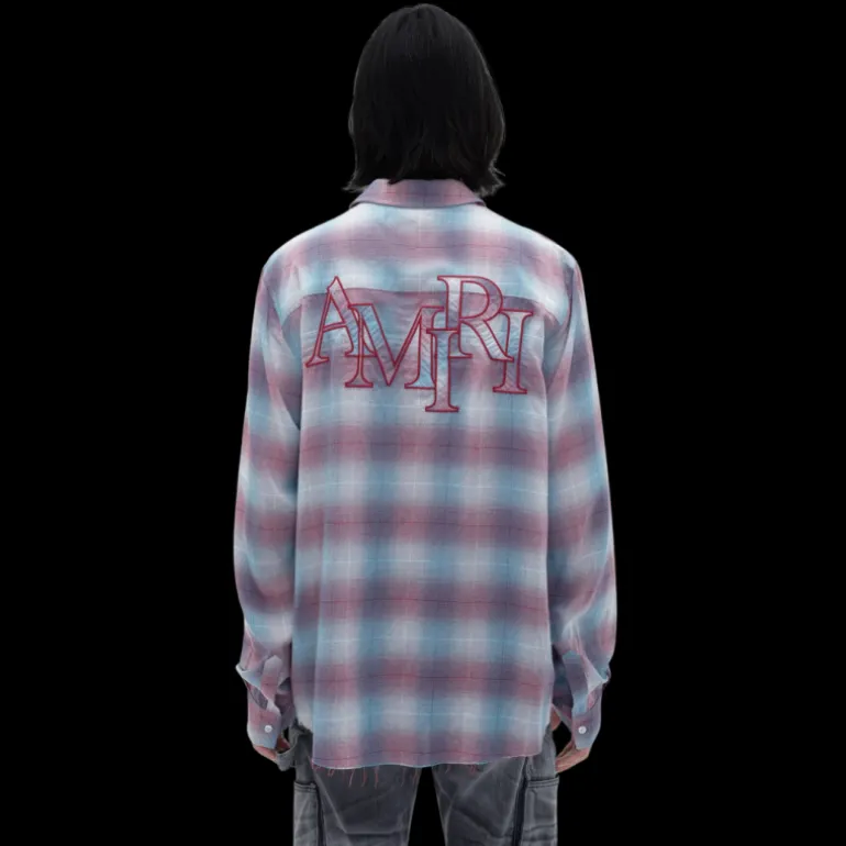 Chemise manche longue AMIRI flanelle carreaux bleu rouge logo écriture poitrine dos