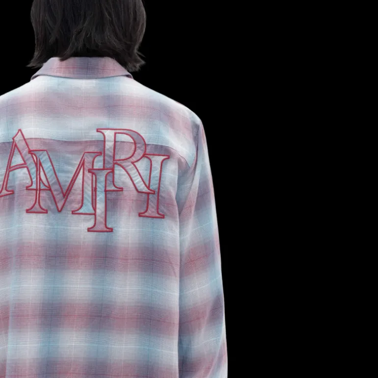 Chemise manche longue AMIRI flanelle carreaux bleu rouge logo écriture poitrine dos