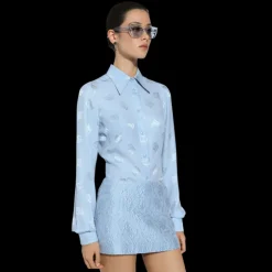 Chemise manche longue soie bleu ciel jacquard DG allover