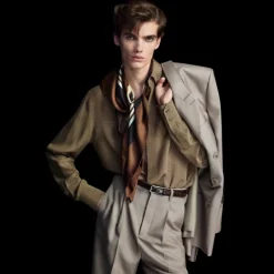 Chemise SAINT LAURENT manche longue crêpe de soie tabac pois camel