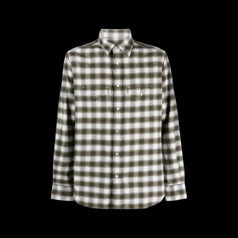 Chemise TOM FORD Western coton carreaux Vichy Gris beige