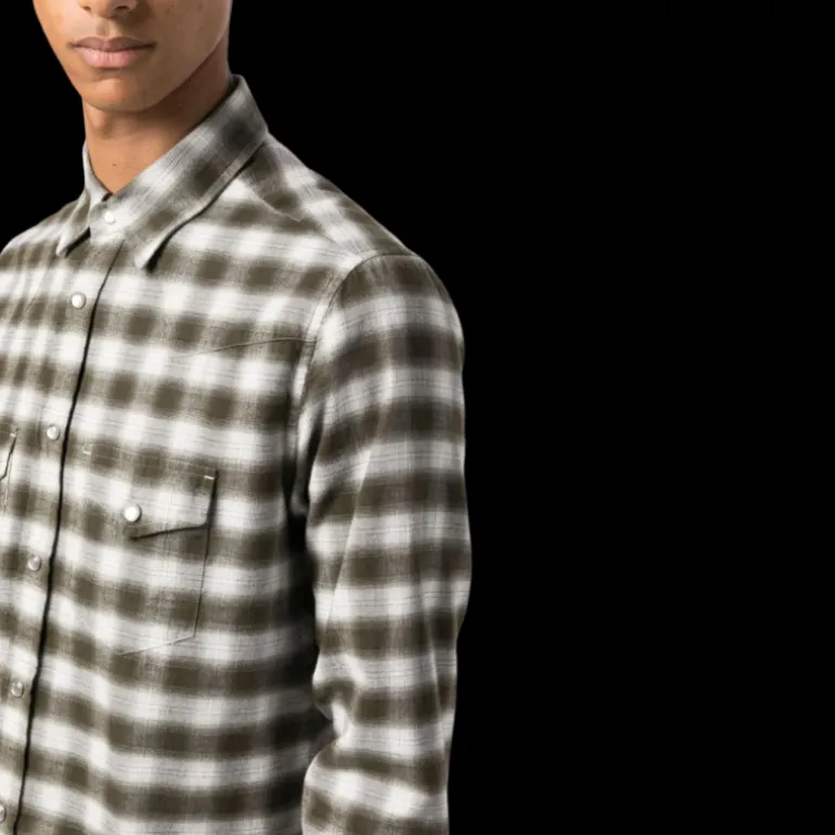Chemise TOM FORD Western coton carreaux Vichy Gris beige