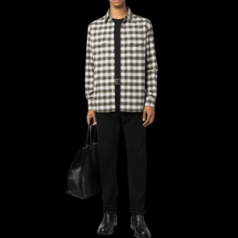 Chemise TOM FORD Western coton carreaux Vichy Gris beige