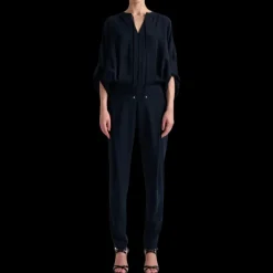 Combinaison pantalon BARBARA BUI crêpe fluide bleu marine zippé cordon ceinture