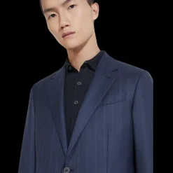 Costume ZEGNA laine bleu marine fines rayures bleu ciel