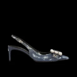 DOLCE & GABBANA Escarpins Slingback jeans denim patchwork bleu boucle strass