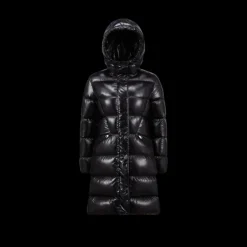 Doudoune capuche MONCLER Bellevue longue ceinture nylon laqué noir brillant