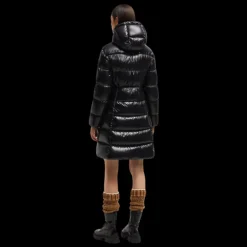 Doudoune capuche MONCLER Bellevue longue ceinture nylon laqué noir brillant