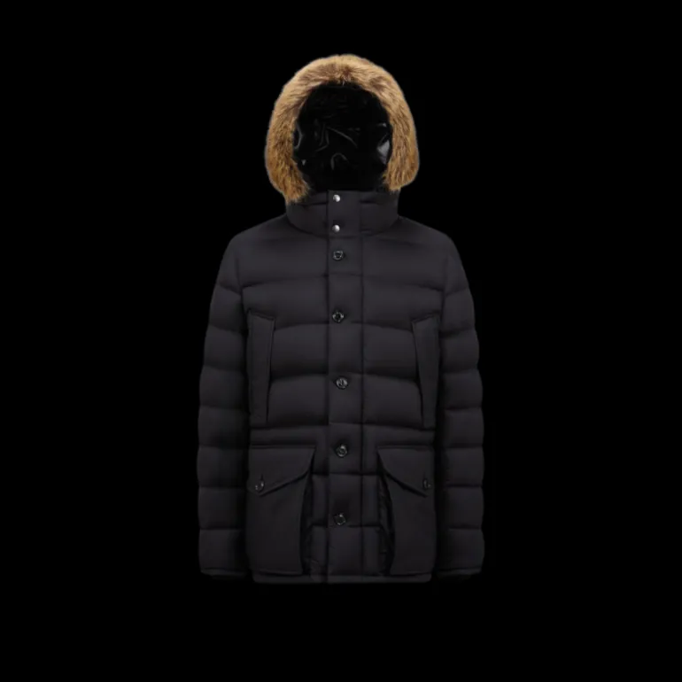 Doudoune courte MONCLER Clunye capuche fourrrure nylon bleu marine