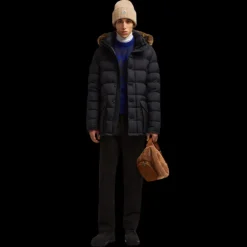 Doudoune courte MONCLER Clunye capuche fourrrure nylon bleu marine