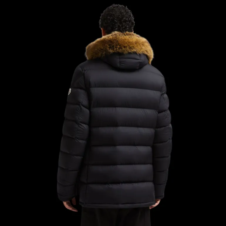 Doudoune courte MONCLER Clunye capuche fourrrure nylon bleu marine
