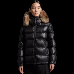 Doudoune courte MONCLER Mairefur nyon noir capuche fourrure shearling