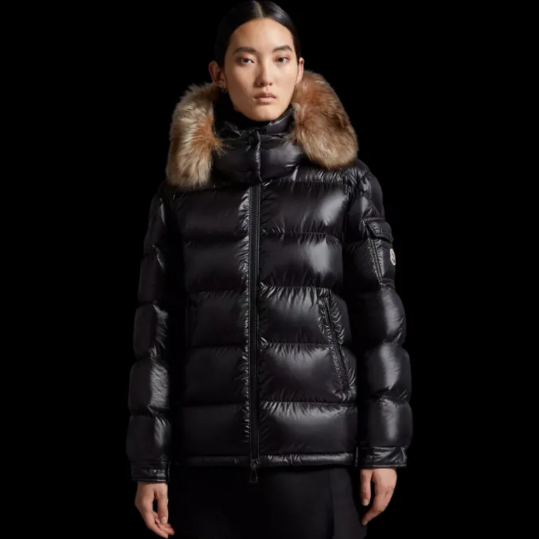 Doudoune courte MONCLER Mairefur nyon noir capuche fourrure shearling