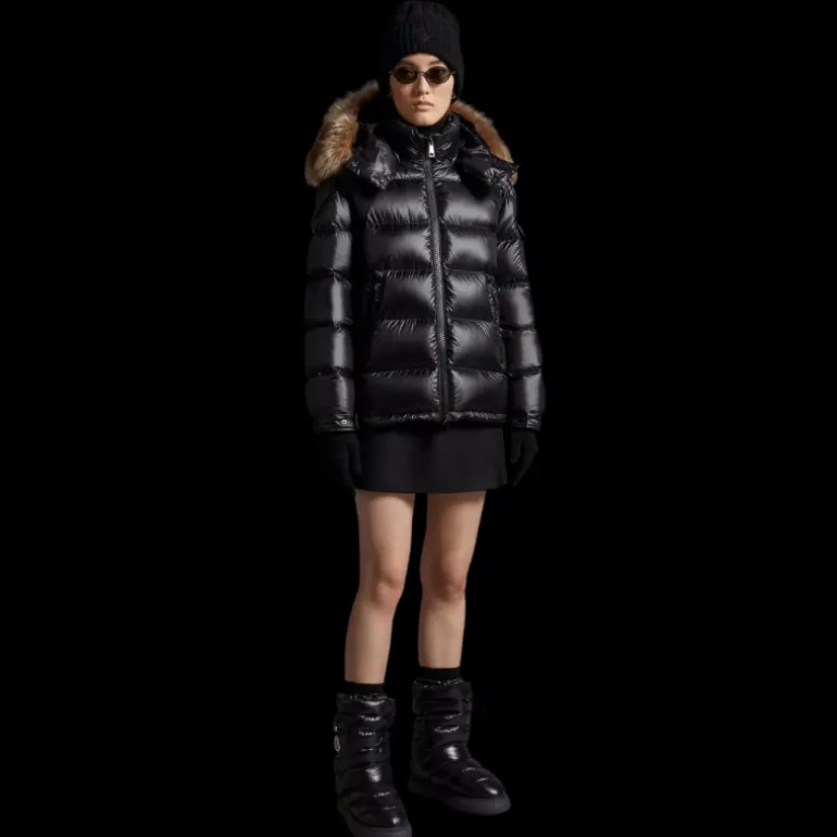 Doudoune courte MONCLER Mairefur nyon noir capuche fourrure shearling