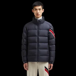 Doudoune courte MONCLER Solayan bleu marine bande tricolore manche
