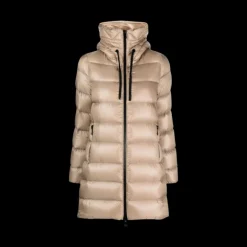 Doudoune longue MONCLER Suyen nylon brillant beige