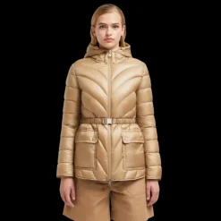 Doudoune mi-longue à capuche MONCLER Argenno nylon beige ceinture