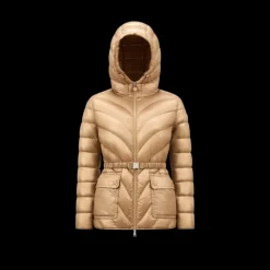 Doudoune mi-longue à capuche MONCLER Argenno nylon beige ceinture