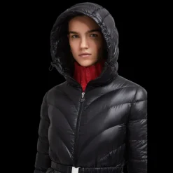 Doudoune mi-longue à capuche MONCLER Argenno nylon noir ceinture