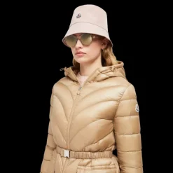 Doudoune mi-longue à capuche MONCLER Argenno nylon beige ceinture