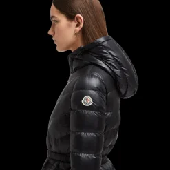 Doudoune mi-longue à capuche MONCLER Argenno nylon noir ceinture