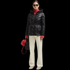 Doudoune mi-longue à capuche MONCLER Argenno nylon noir ceinture