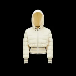Doudoune MONCLER Grenoble courte à capuche Jeypore nylon écru broderie smockée taille