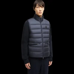 Doudoune sans manches gilet MONCLER Lechtal nylon bleu marine logo cuir noir