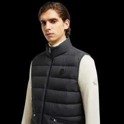 Doudoune sans manches gilet MONCLER Lechtal nylon noir logo cuir noir