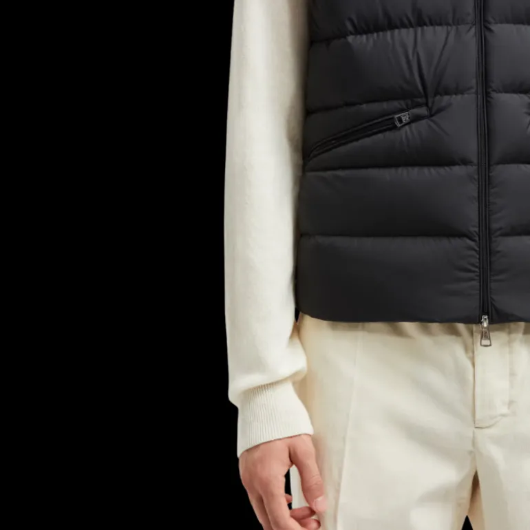 Doudoune sans manches gilet MONCLER Lechtal nylon noir logo cuir noir