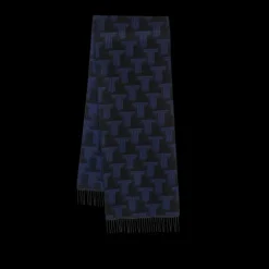 Echarpe LANVIN franges laine cachemire noir logo L Bleu
