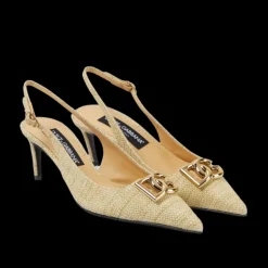 Escarpins ouverts DOLCE & GABBANA Slingback Rafia beige DG or