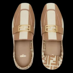 FENDI Mocassins ouverts motif FF Baguette toile rayures Pequin beige